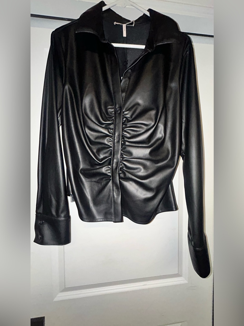 BCBGeneration Black Faux Leather Ruched Button-Front Jacket NWT Size Large
